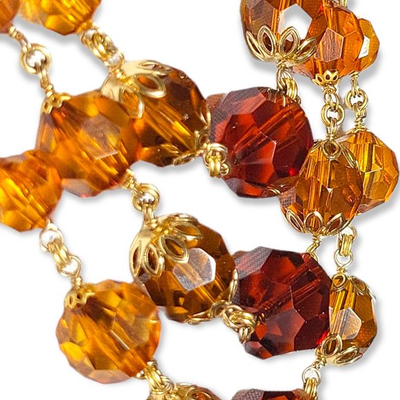 Woman's Vintage Necklace Signed Amber Glass 3 Strand Antique Gold Finish - Picture 3 of 9